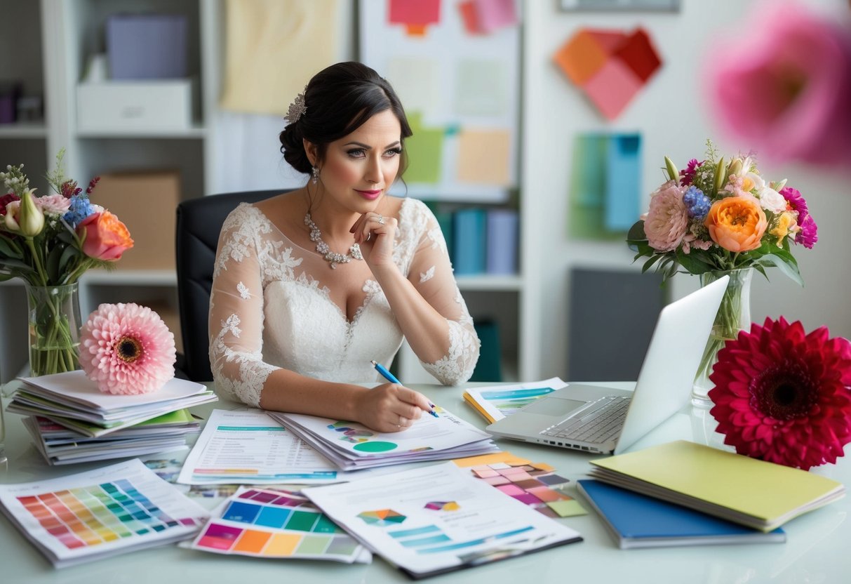 A bride sits at a desk covered in wedding magazines and spreadsheets, surrounded by colorful swatches and flower samples. She is deep in thought, pen in hand, as she begins her wedding planning journey