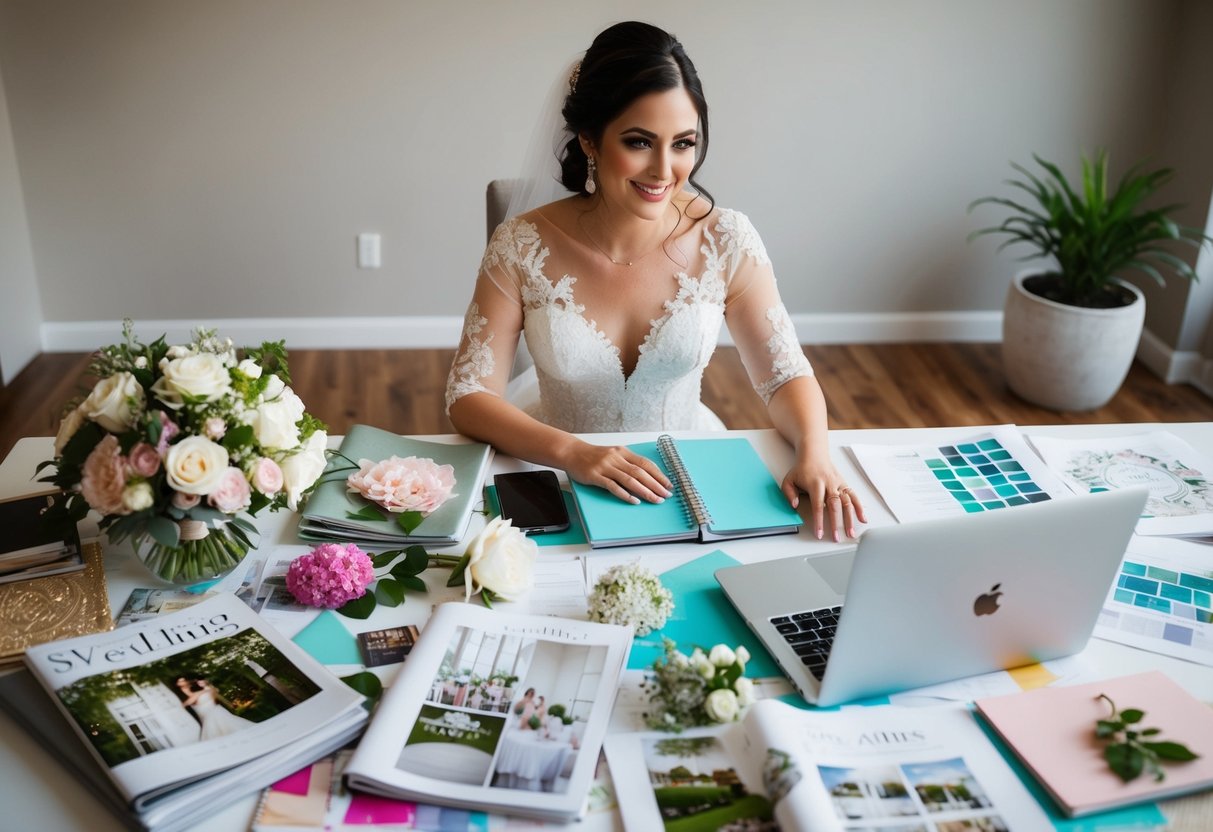 A bride sits at a desk covered in wedding magazines, a notebook, and a laptop. She is surrounded by swatches of fabric, flowers, and sketches of venue layouts