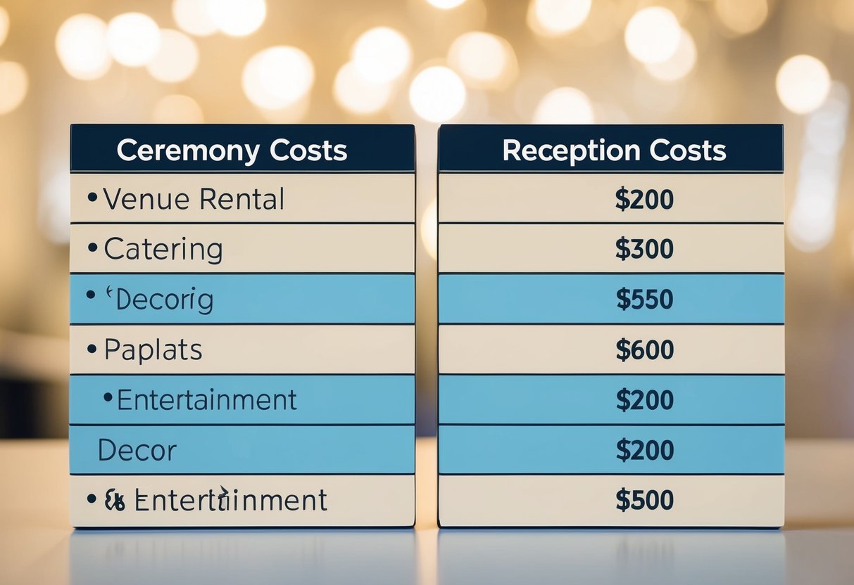 A table with separate columns for "Ceremony Costs" and "Reception Costs," with items such as venue rental, catering, decor, and entertainment listed for each