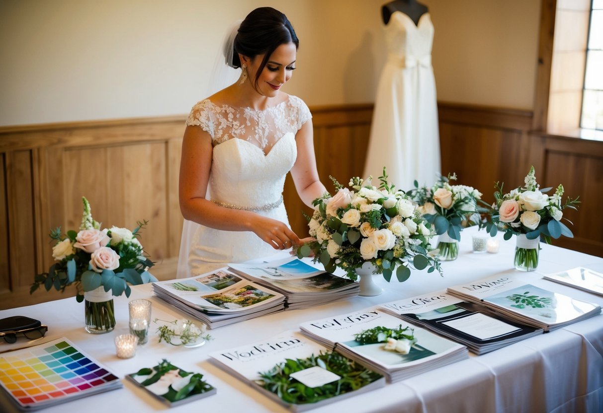 A bride sits at a table covered in wedding magazines, surrounded by color swatches and floral arrangements. She carefully arranges place settings and centerpieces