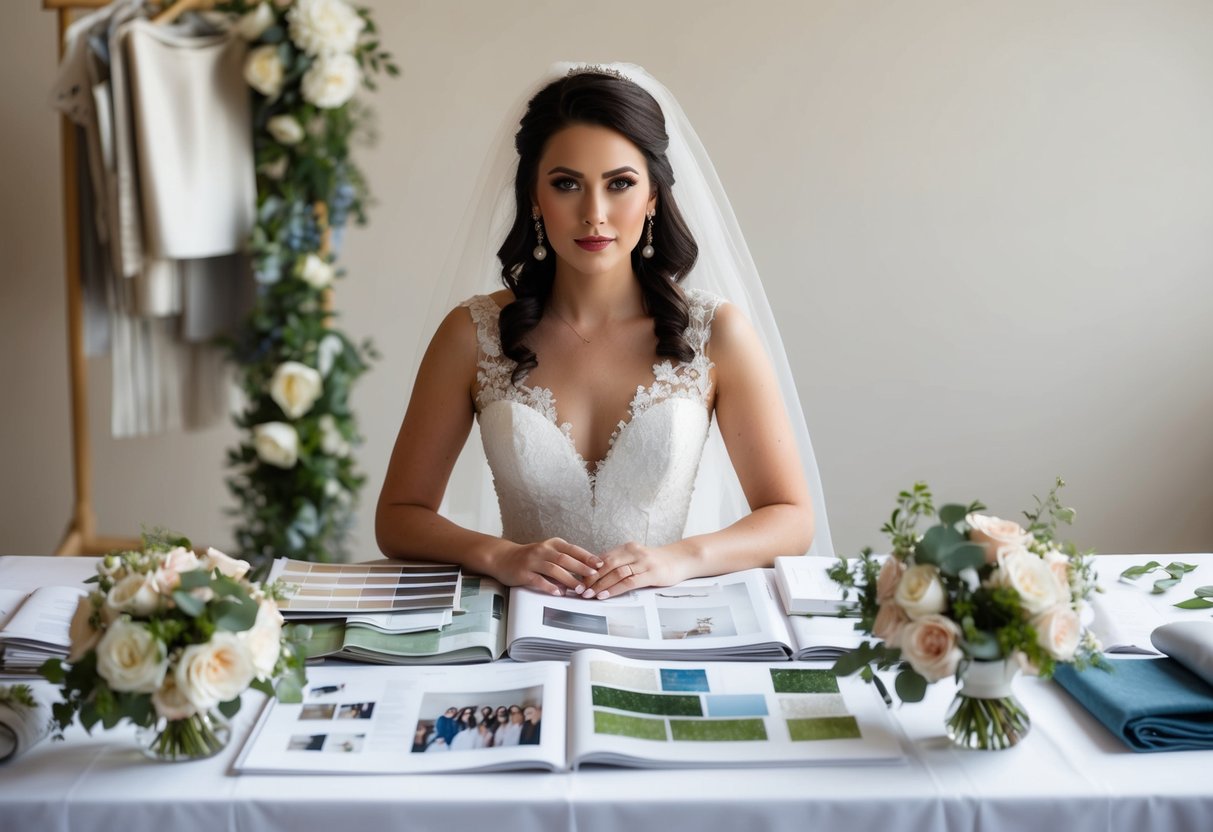 A bride sits at a table covered in wedding magazines and sketches, surrounded by fabric swatches and floral arrangements. She looks focused and determined