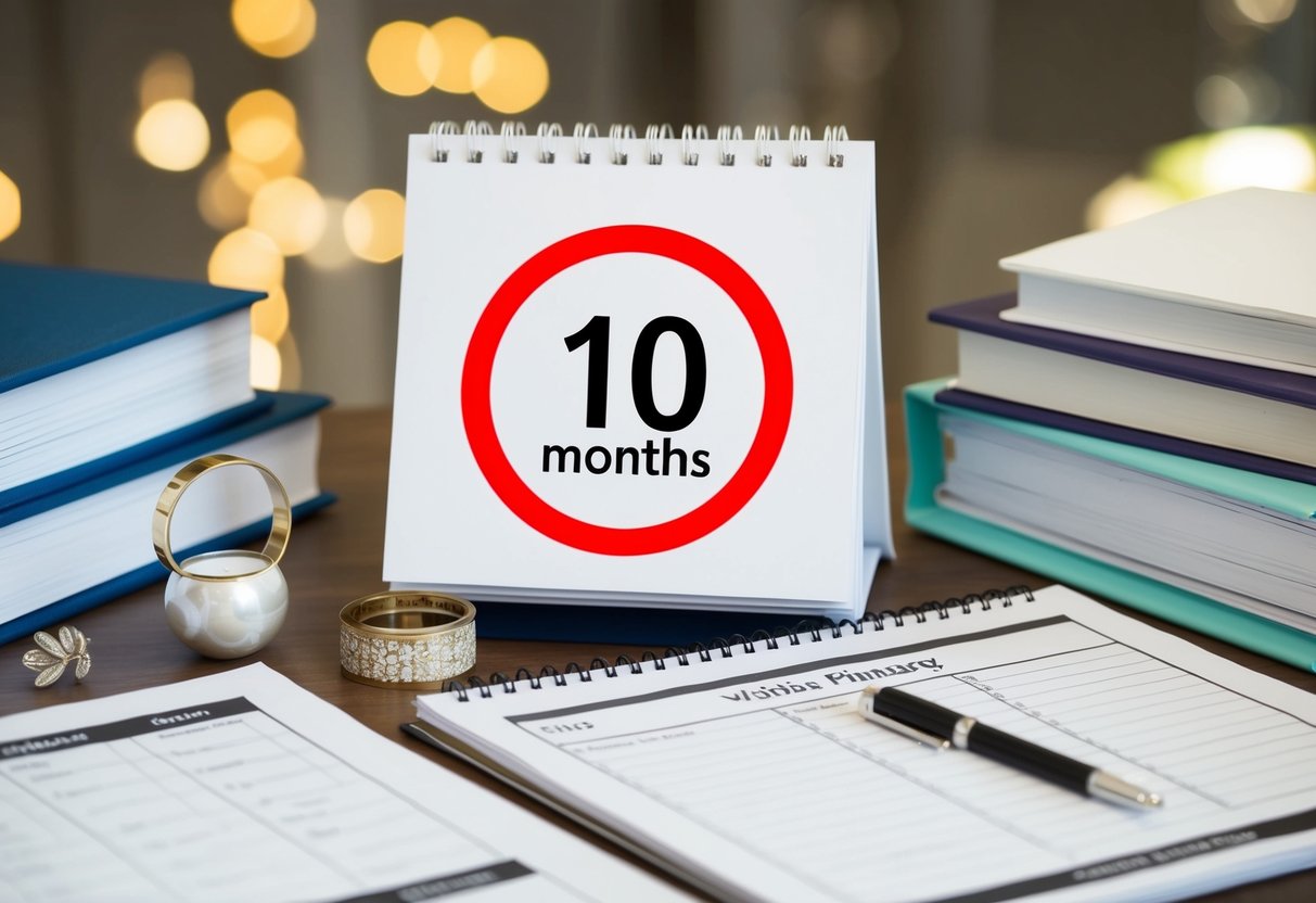 A calendar with the date 10 months before the wedding circled in red, surrounded by wedding planning books and checklists