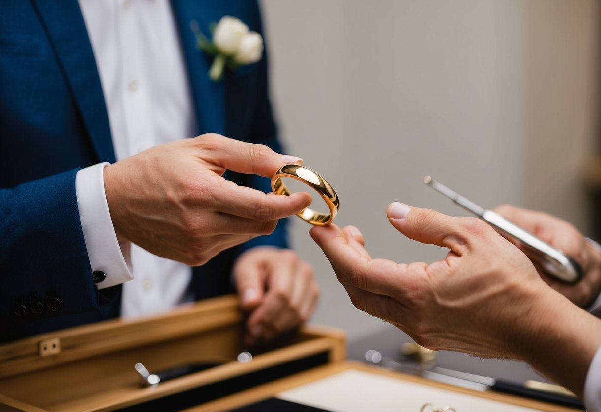 A groom's hand offers a gold wedding band to a jeweler's hand
