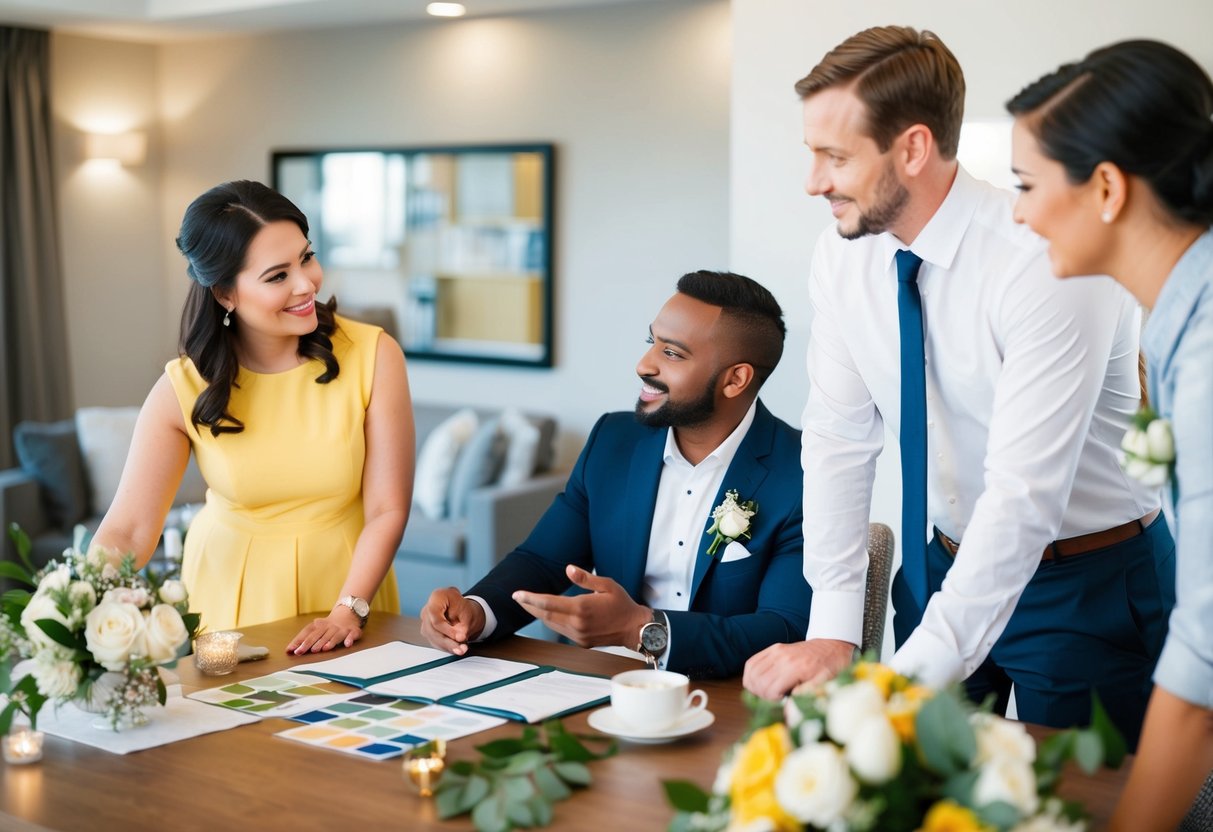A couple meeting with a wedding planner, discussing venue options, and looking at sample decorations and color schemes