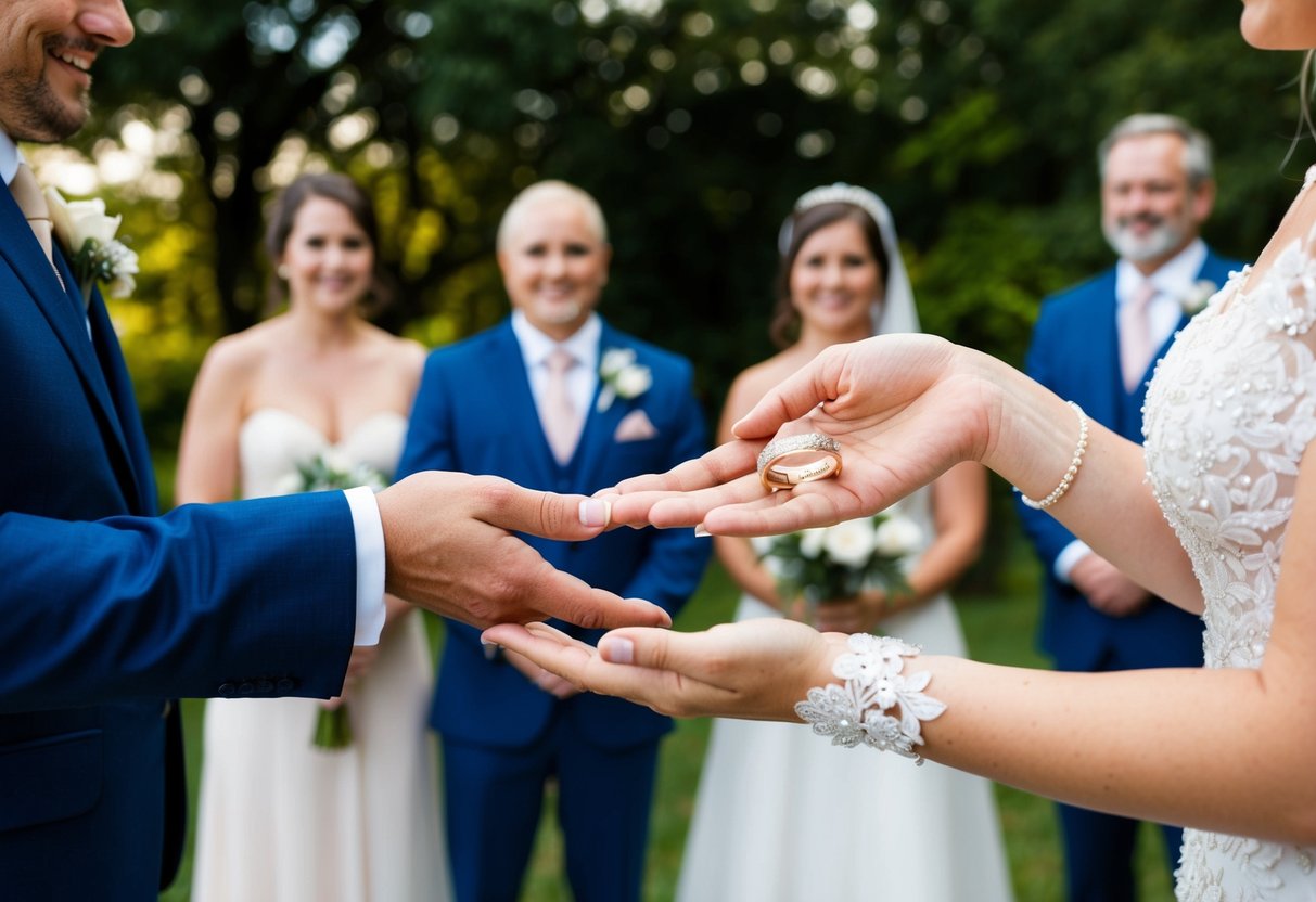 A groom's hand holds out a wedding band, while a bride's hand presents the other. Family members stand behind, ready to contribute