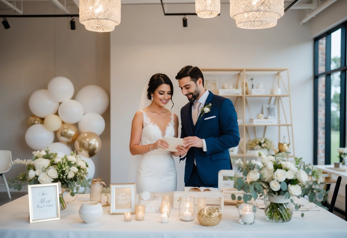 A couple choosing wedding decor and guest experience elements at a design studio 10 months before their wedding