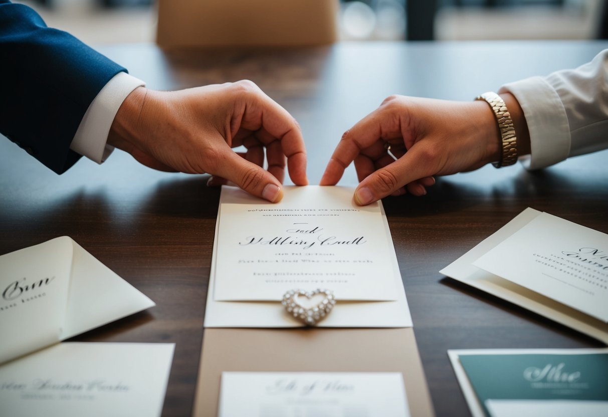 A couple's hands selecting wedding invitations and customizing them with personal touches