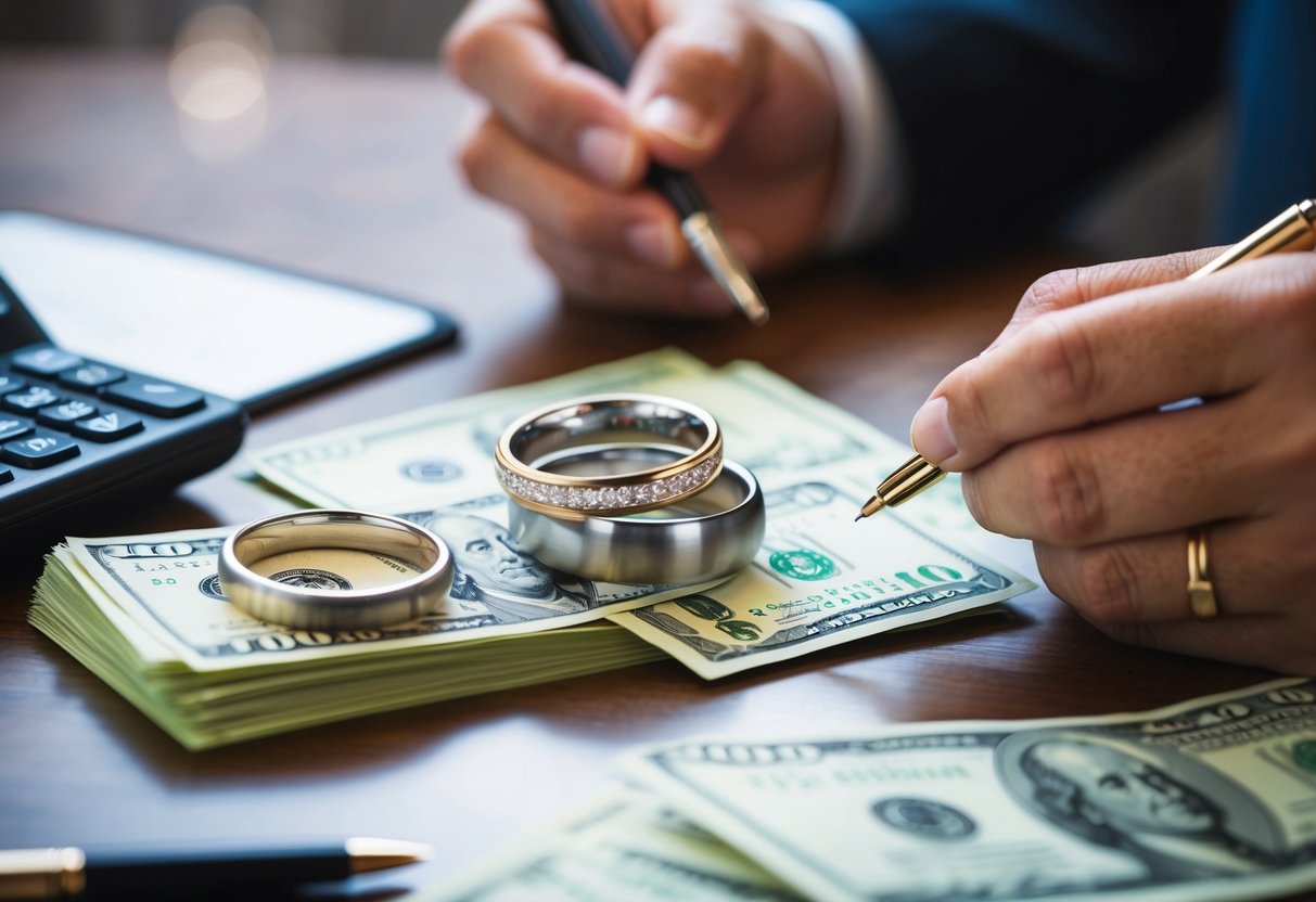 A table with two wedding bands, one slightly larger than the other, surrounded by a stack of bills and a pair of hands holding a pen