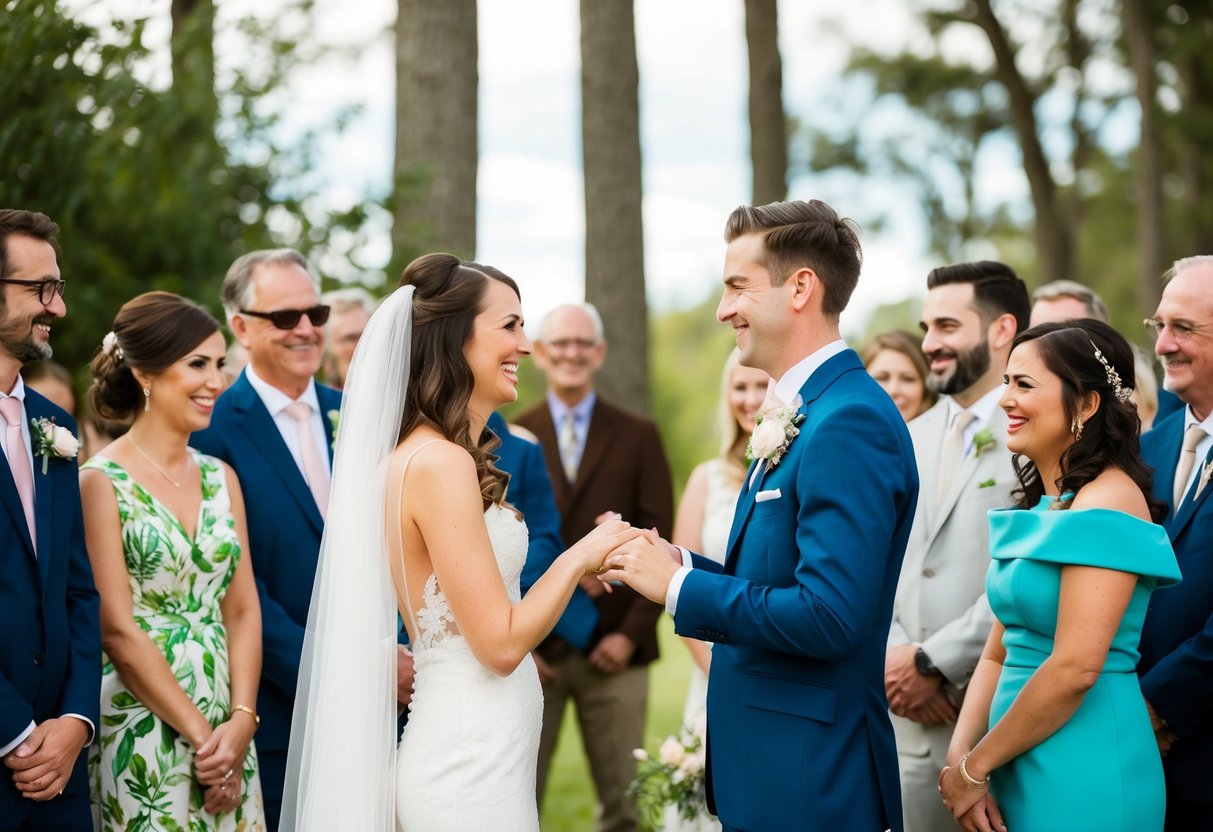 A bride and groom stand facing each other, surrounded by friends and family. The photographer captures the joyful moment as they exchange rings