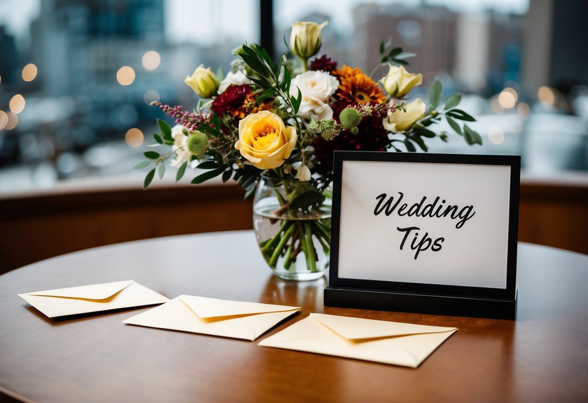 A table with envelopes, flowers, and a sign for wedding tips