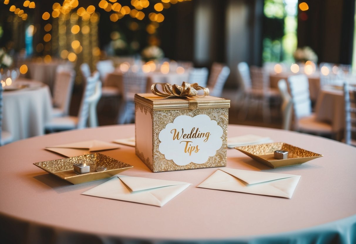 A table set with envelopes and a decorative box for wedding tips