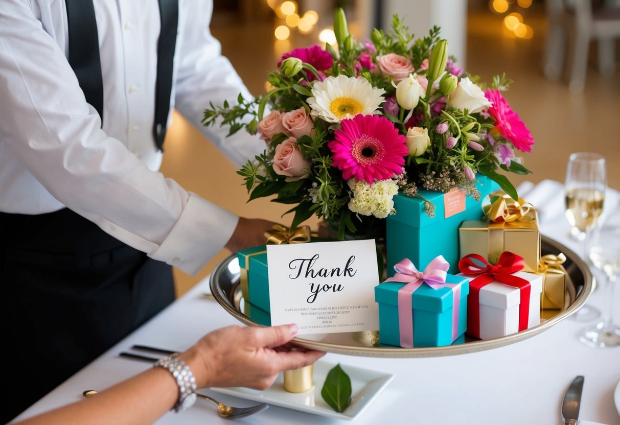 A waiter's tray overflowing with flowers, gift boxes, and a thank you note