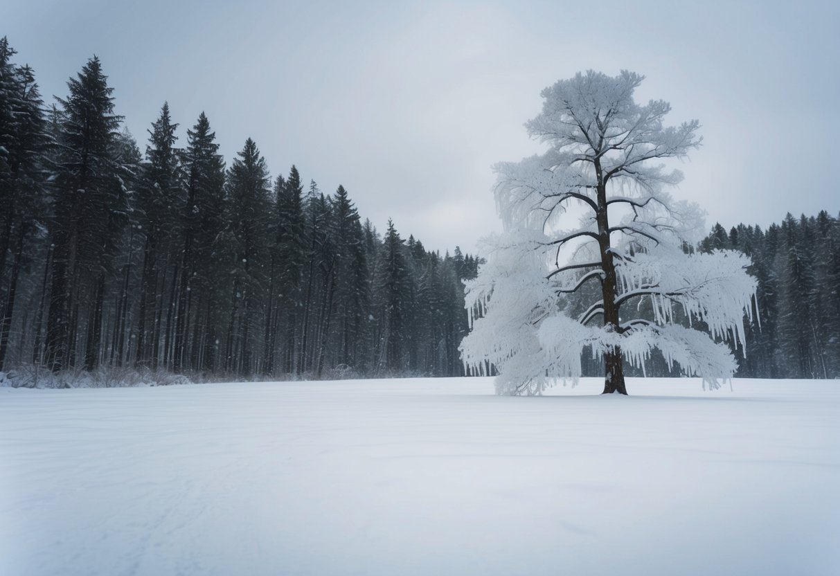 A serene forest clearing in the midst of a heavy snowfall with a lone tree adorned with delicate icicles, creating a picturesque setting for a rare winter wedding
