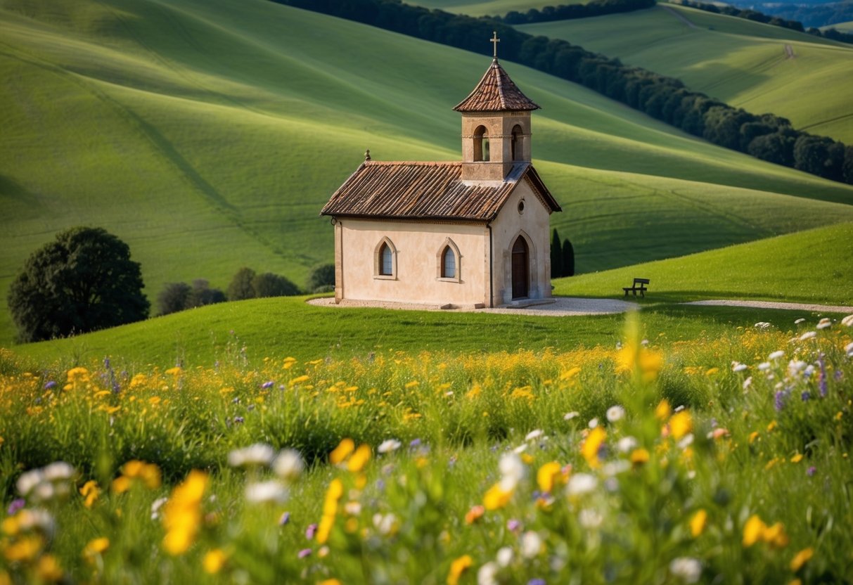 A quaint, rustic chapel nestled in the rolling hills of the Italian countryside, with vibrant wildflowers blooming in the surrounding meadow