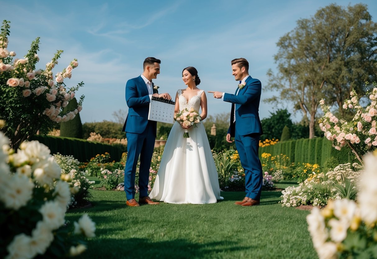 A couple stands in a lush garden, surrounded by blooming flowers and a clear blue sky. They point to a calendar, discussing the perfect wedding month