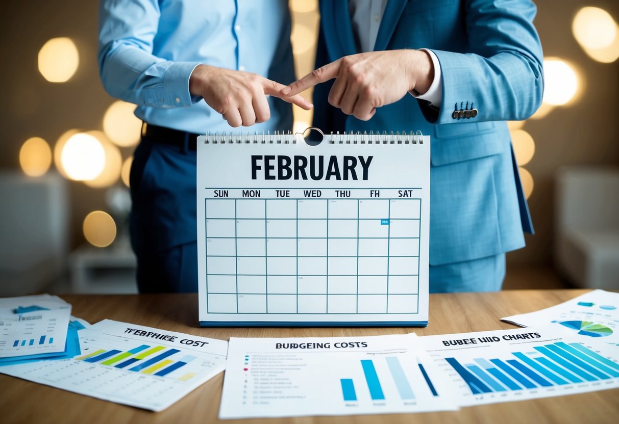 A couple stands in front of a calendar, pointing to the month of February. Various wedding cost and budgeting charts are spread out on a table