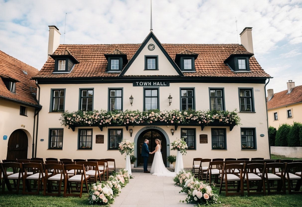 A quaint European town hall with a flower-filled courtyard and a simple ceremony set up