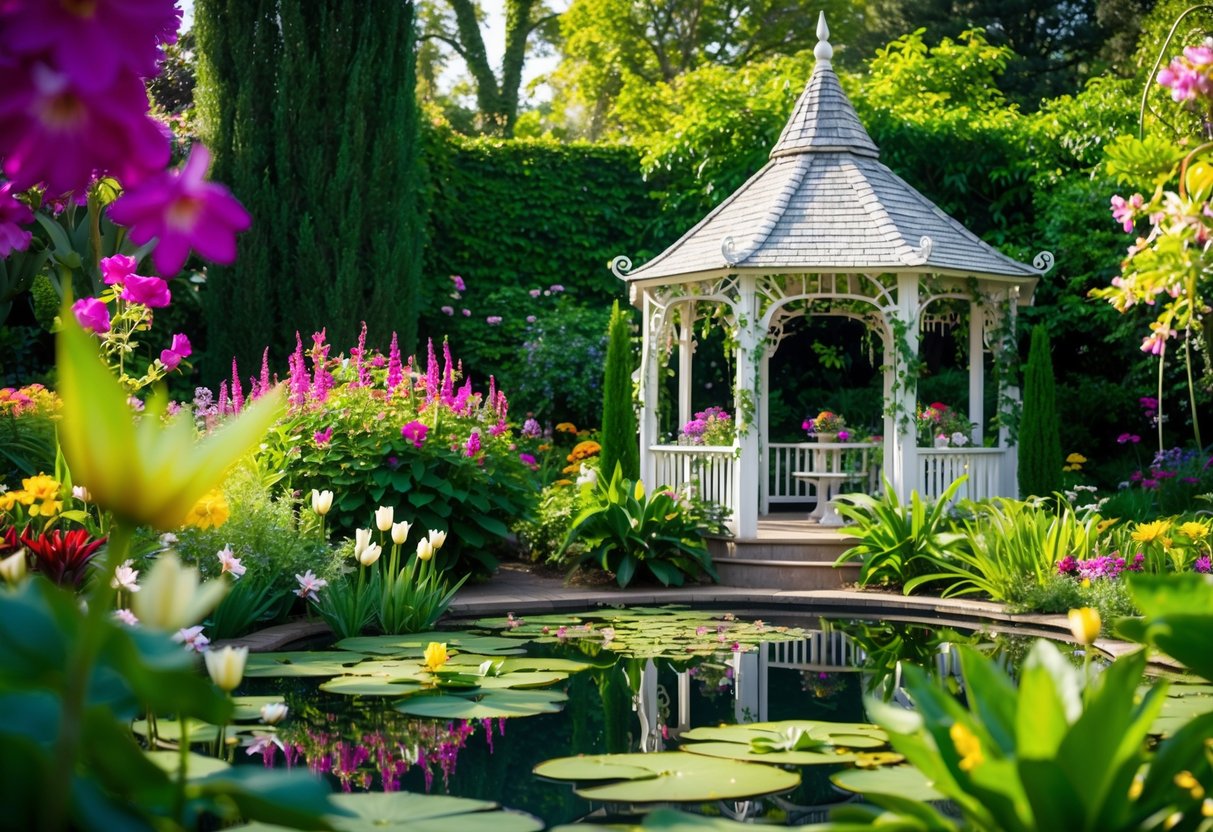 A lush garden with vibrant flowers in full bloom, a serene pond with lily pads, and a whimsical gazebo adorned with intricate vines and delicate details
