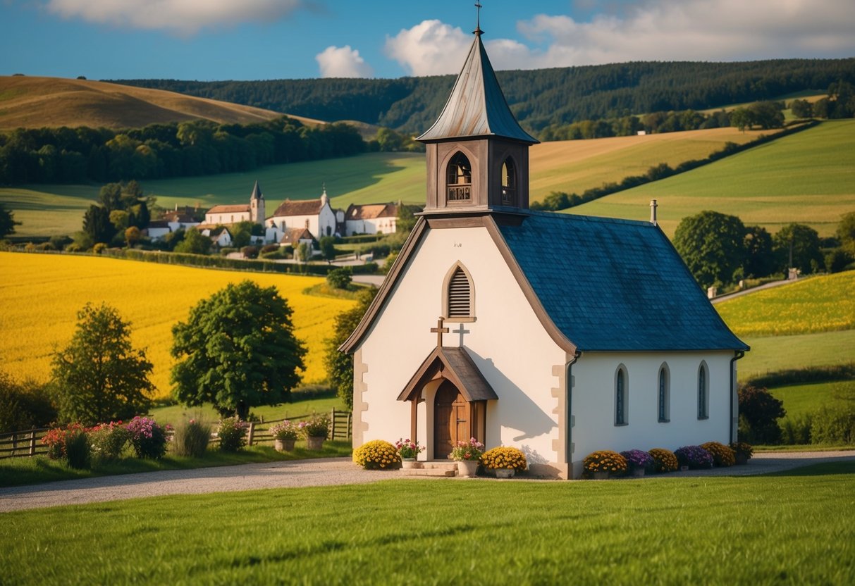 A quaint European chapel nestled in a picturesque countryside, adorned with colorful flowers and surrounded by rolling hills