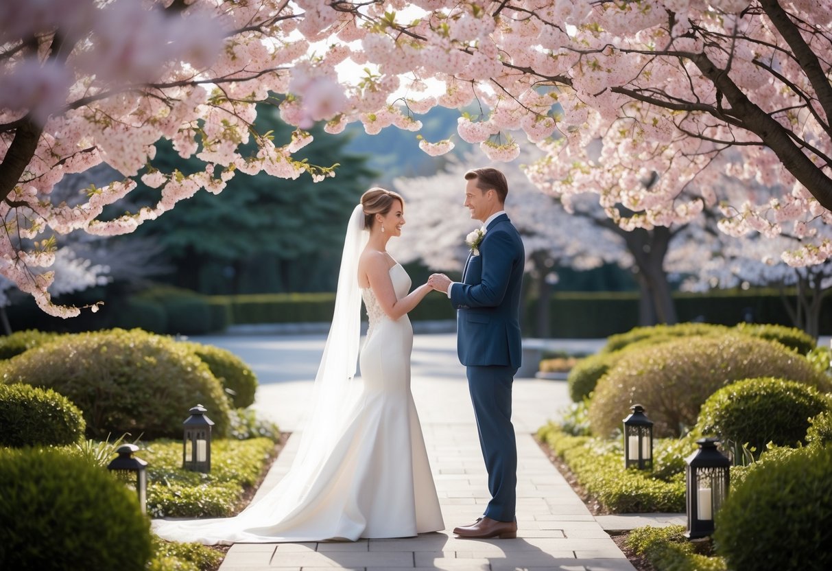 A couple exchange vows under a canopy of cherry blossoms in full bloom, surrounded by a tranquil garden in the midst of a rare and serene February wedding