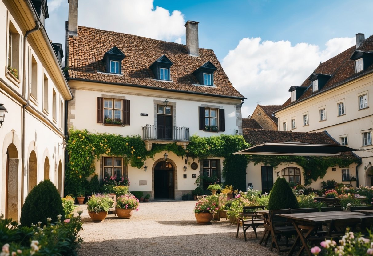 A quaint European town hall with a picturesque courtyard and flower-filled gardens, set against a backdrop of historic architecture