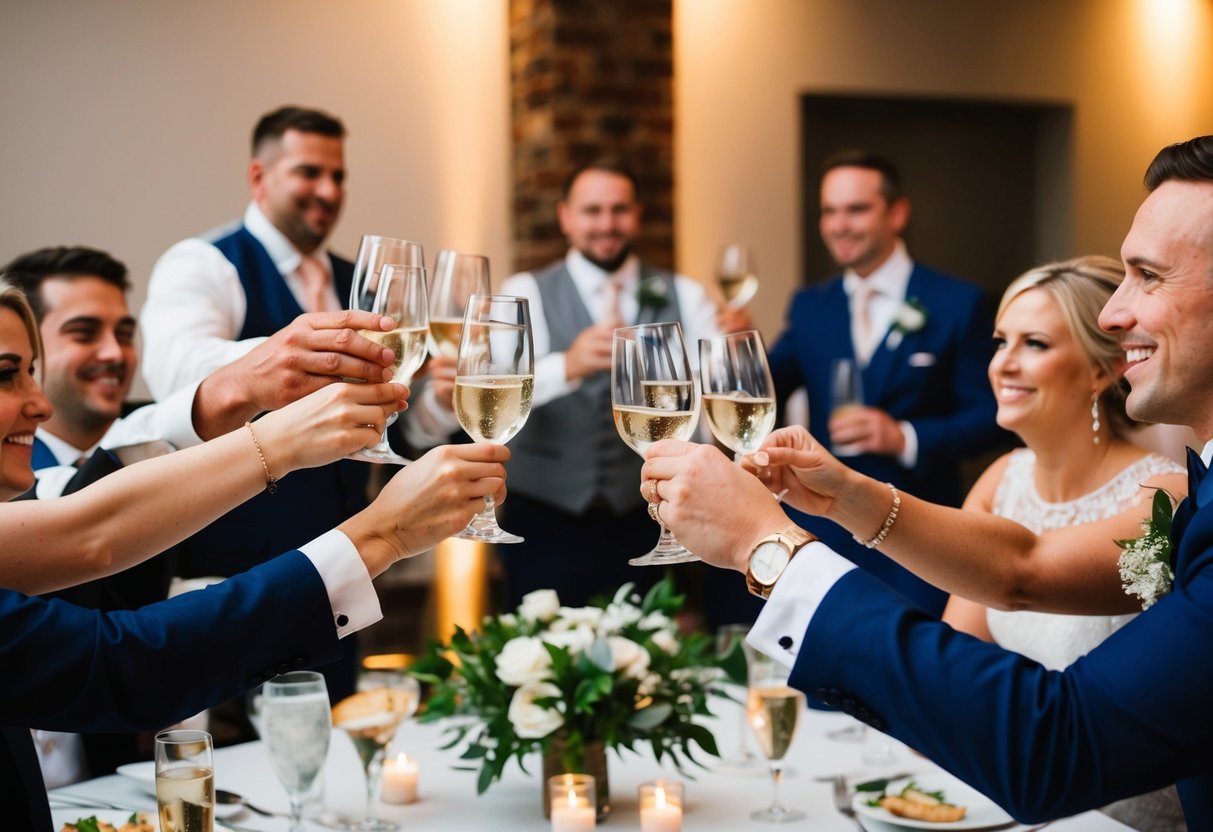 Guests raising glasses in a toast at a wedding reception, with a bartender serving drinks in the background