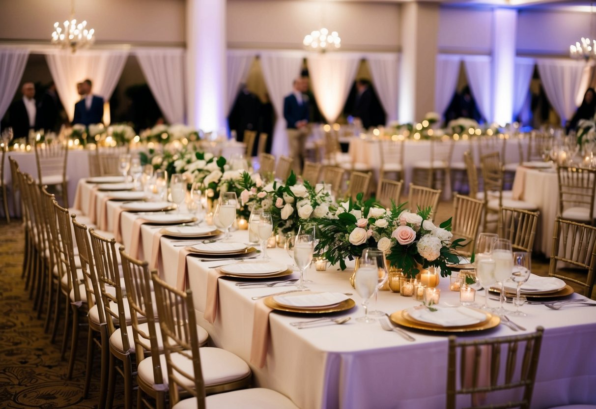 A beautifully decorated wedding reception with a long dining table set for a large number of guests, surrounded by elegant chairs and adorned with floral centerpieces