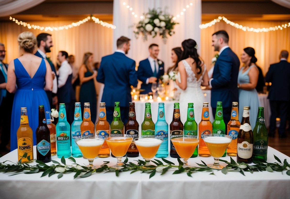 A wedding reception with a variety of beverages displayed on a decorated table, with guests mingling in the background