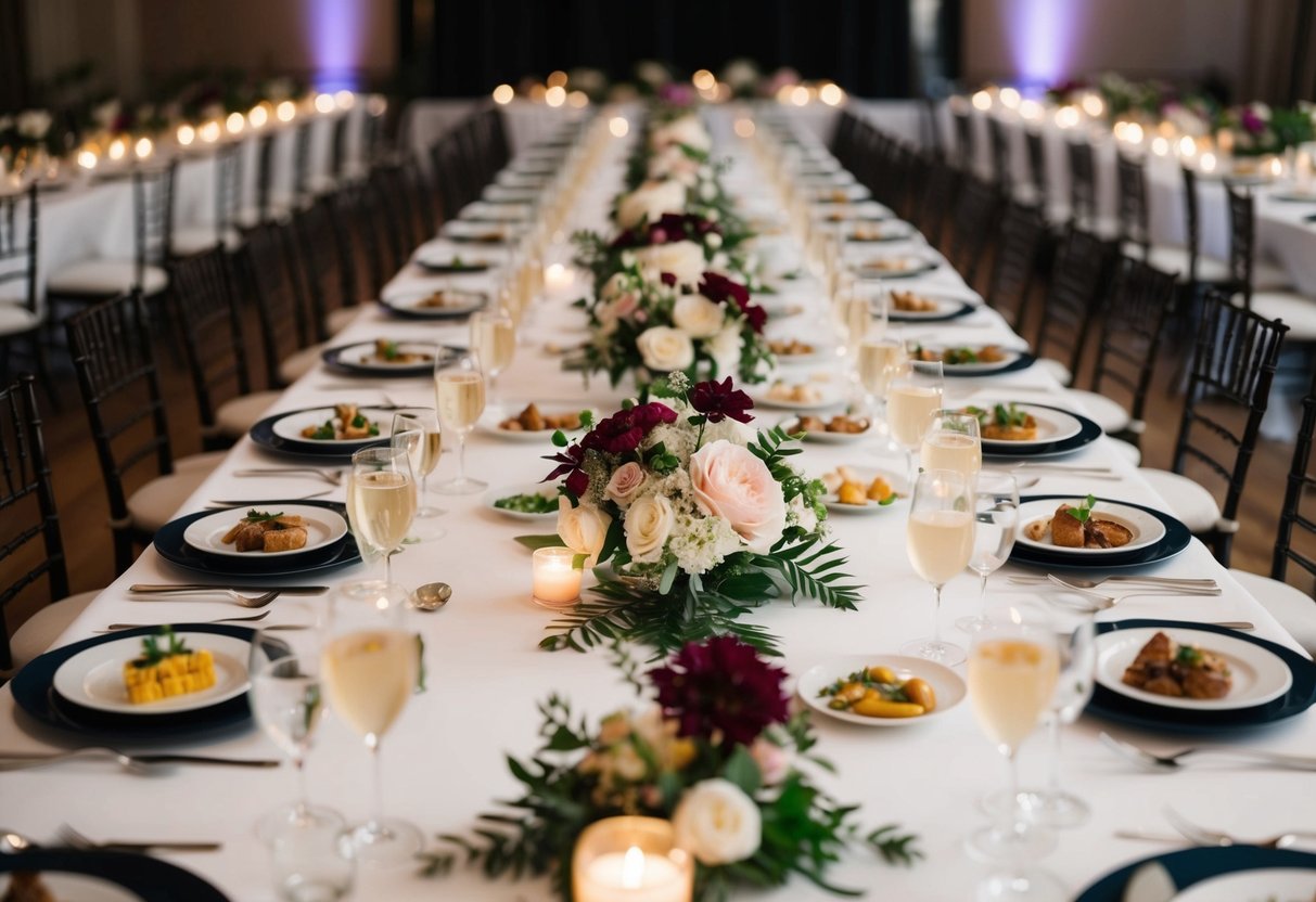 A long banquet table set with elegant place settings and a variety of delicious dishes, surrounded by floral centerpieces and soft candlelight