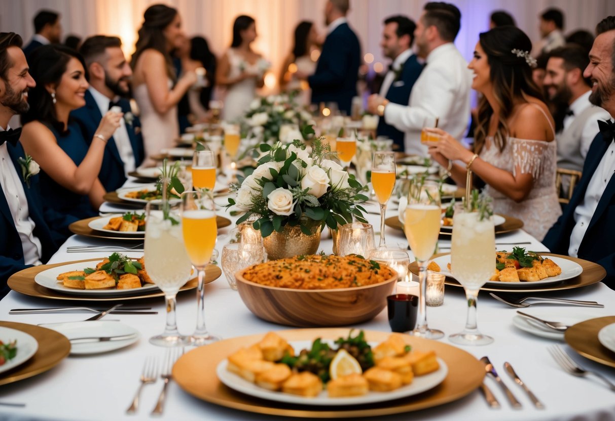 Tables filled with an assortment of elegant dishes and beverages, surrounded by guests mingling and enjoying the wedding reception