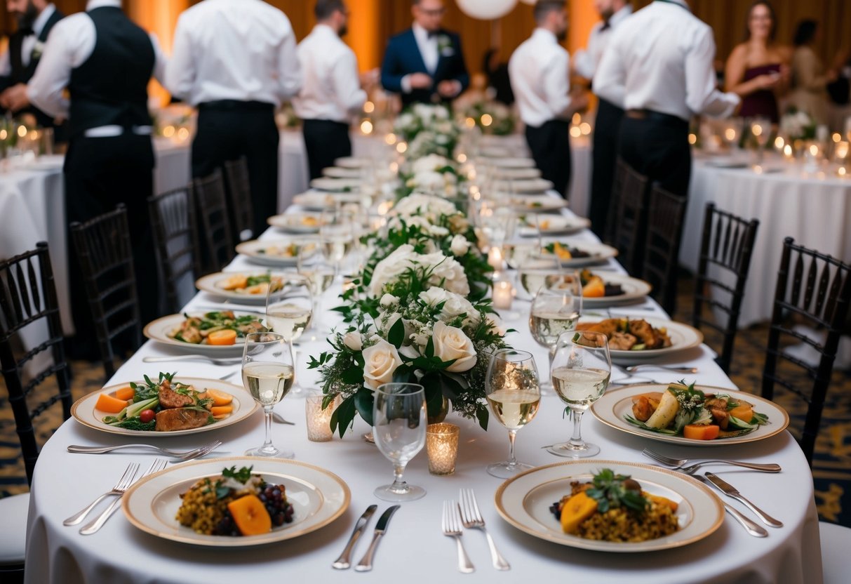 A banquet table adorned with elegant place settings and a variety of delicious dishes, surrounded by bustling wedding vendors and staff