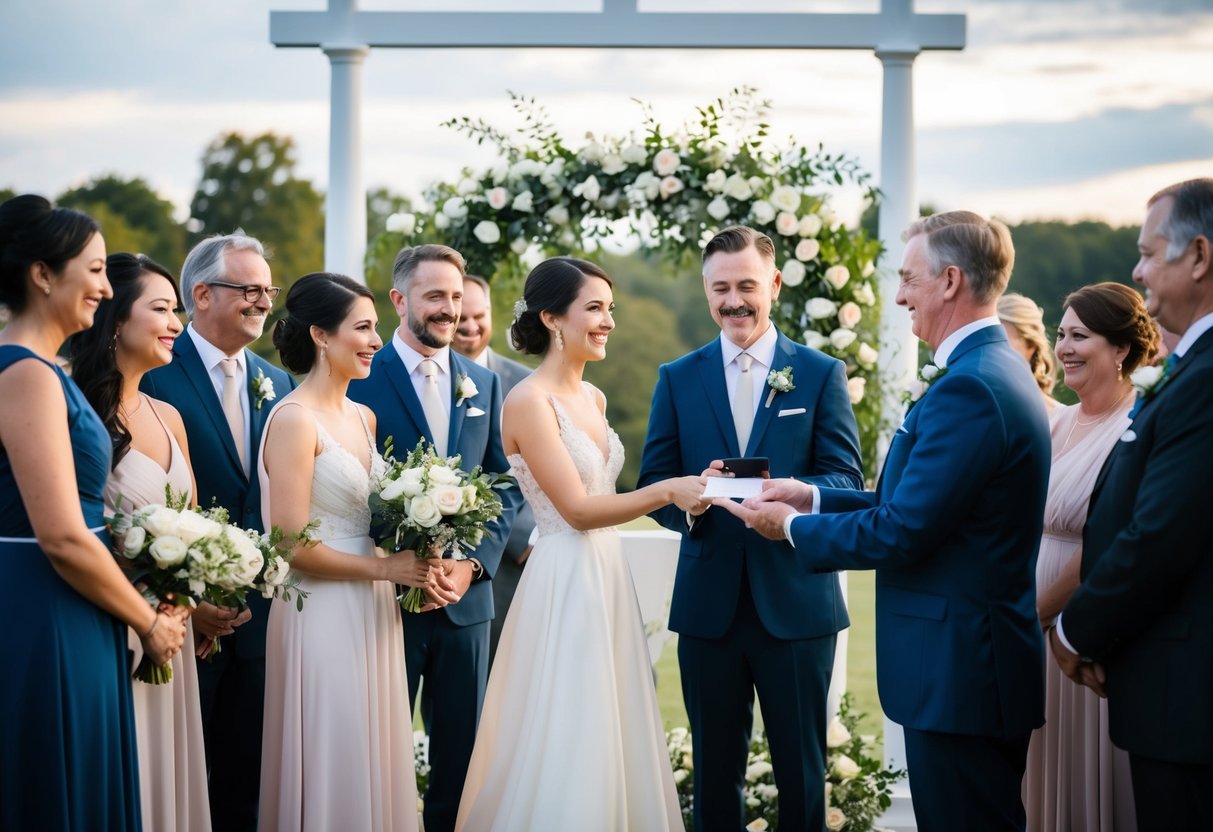 A bride and groom standing at an altar, surrounded by friends and family. A parent or guardian hands a check or envelope to the officiant