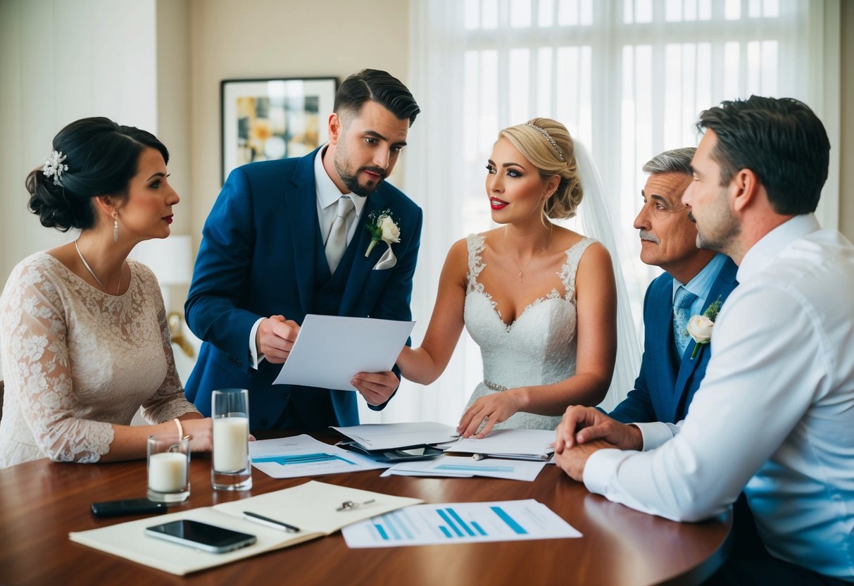 A bride and groom discuss wedding expenses with their families and make a plan together