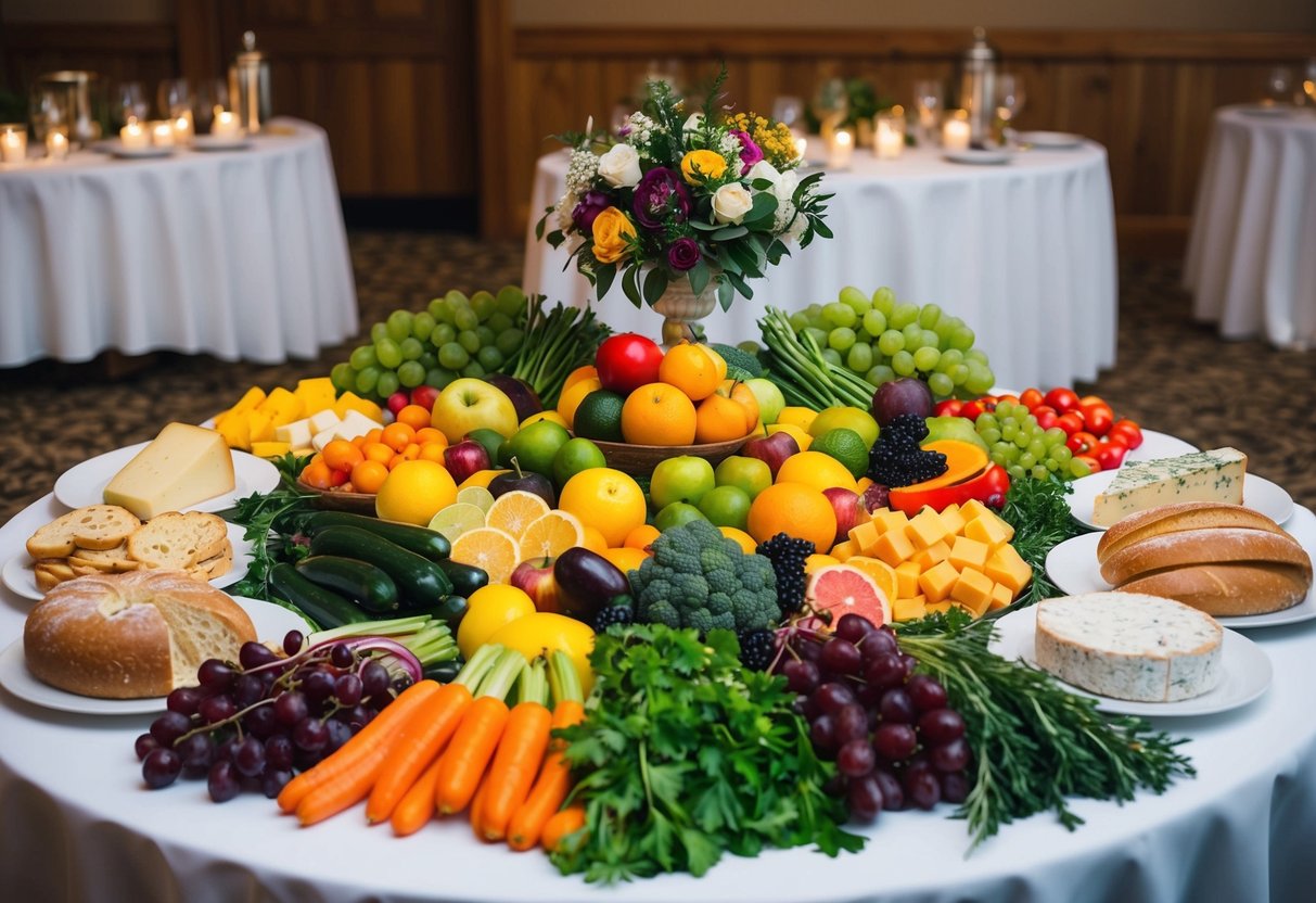 A colorful array of fruits and vegetables arranged on a table at a wedding reception, with a variety of cheeses and breads displayed nearby