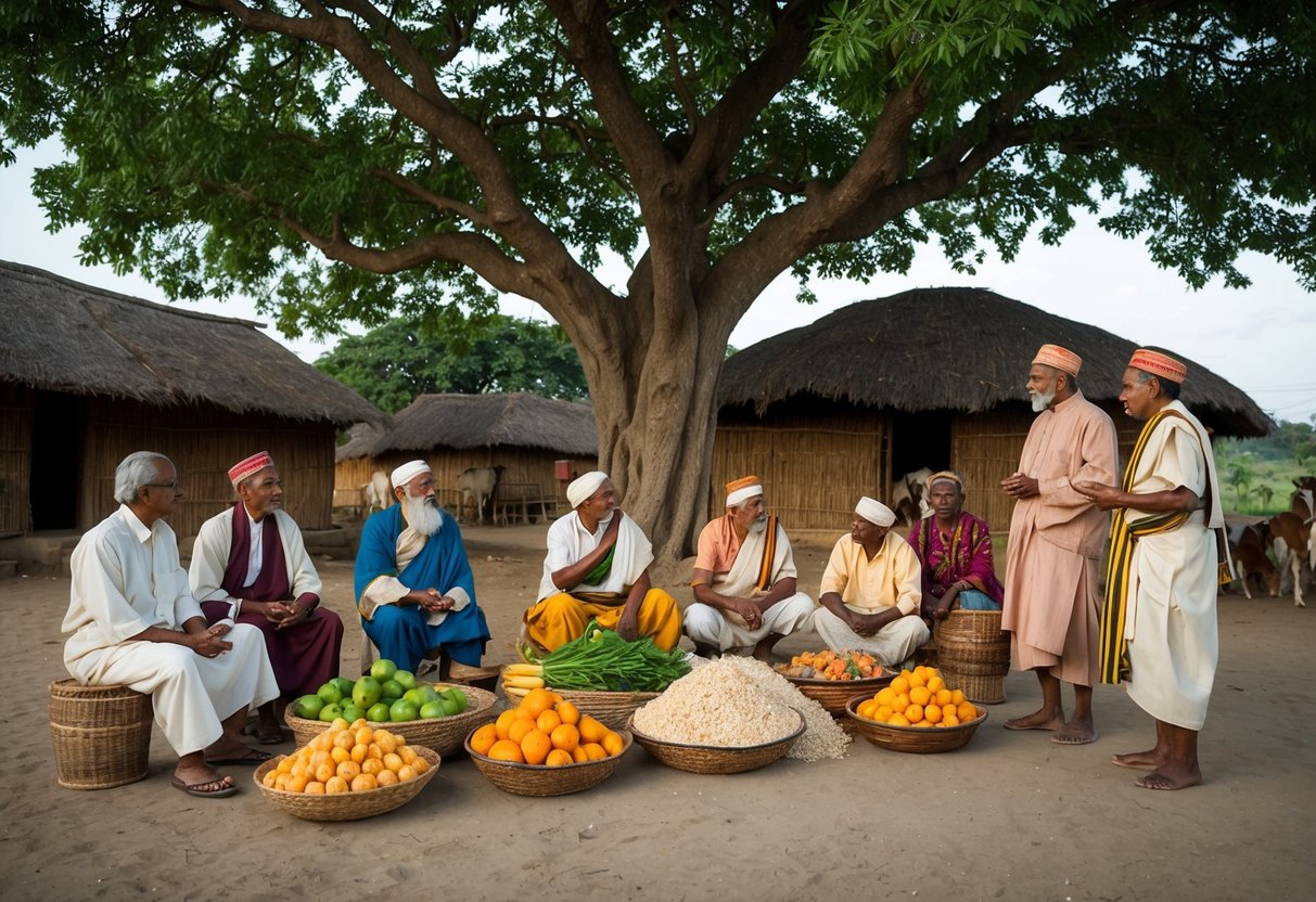 A traditional village setting with elders discussing bride price under a large tree. Baskets of produce and livestock are displayed for negotiation