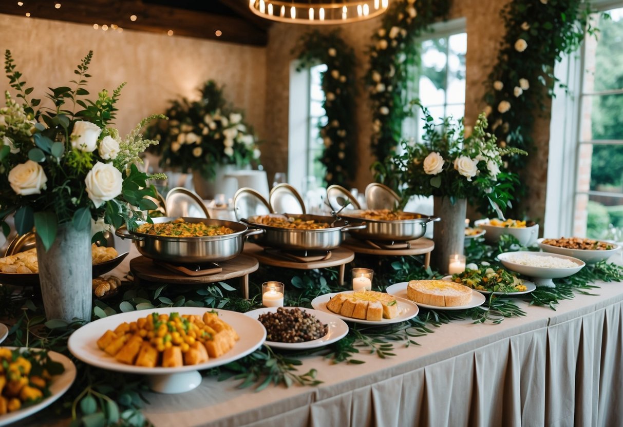 A rustic buffet table adorned with an array of budget-friendly wedding dishes, surrounded by lush greenery and elegant floral arrangements
