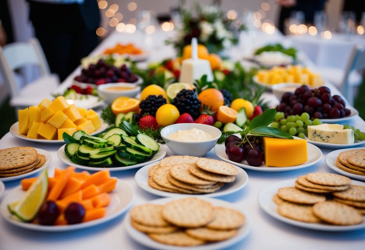 A table adorned with an assortment of budget-friendly wedding food options, including fruits, vegetables, cheese, crackers, and simple appetizers