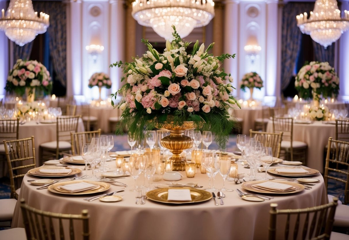 A lavish floral arrangement dominates the center of a grand banquet table, surrounded by gleaming place settings and opulent decor