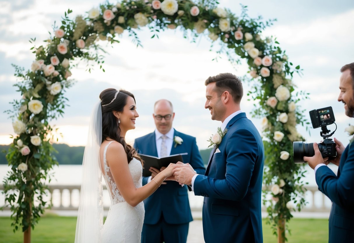 A bride and groom exchanging vows under a beautiful floral arch, with a professional photographer and videographer capturing every moment