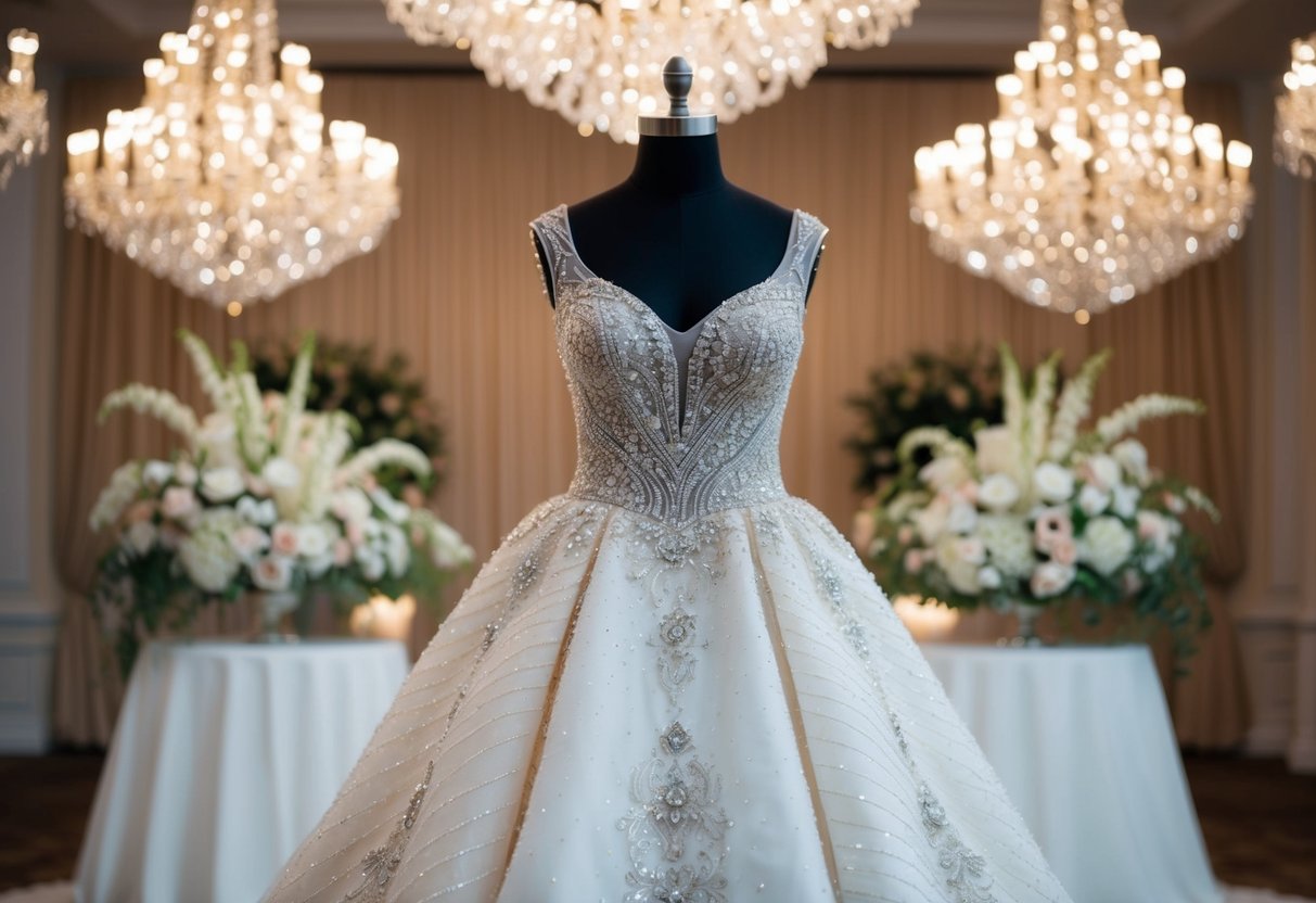 A lavish wedding gown with intricate beading and shimmering fabric, set against a backdrop of elegant floral arrangements and sparkling chandeliers