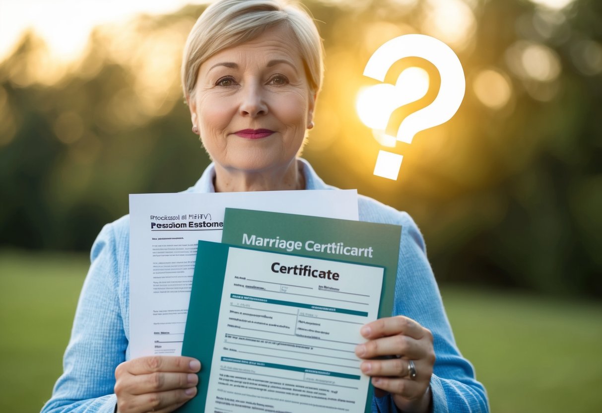 A person holding a marriage certificate and a pension statement, with a question mark above their head