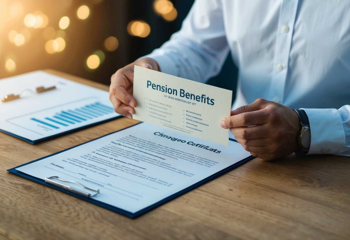 A person holding a marriage certificate while looking at a document showing changes in pension benefits
