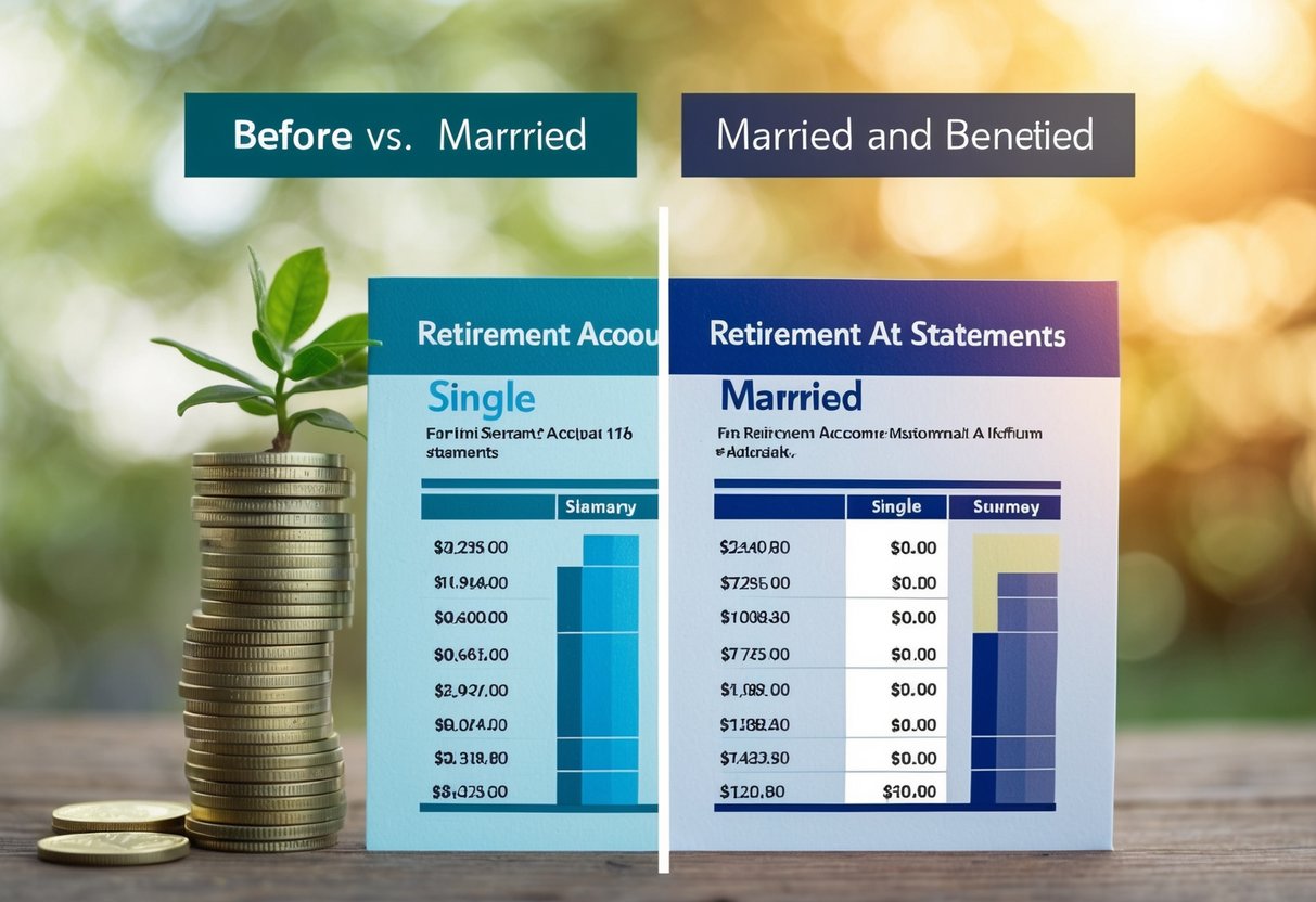 A before and after comparison of two retirement account statements, one labeled "single" and the other "married," with noticeable changes in figures and benefits