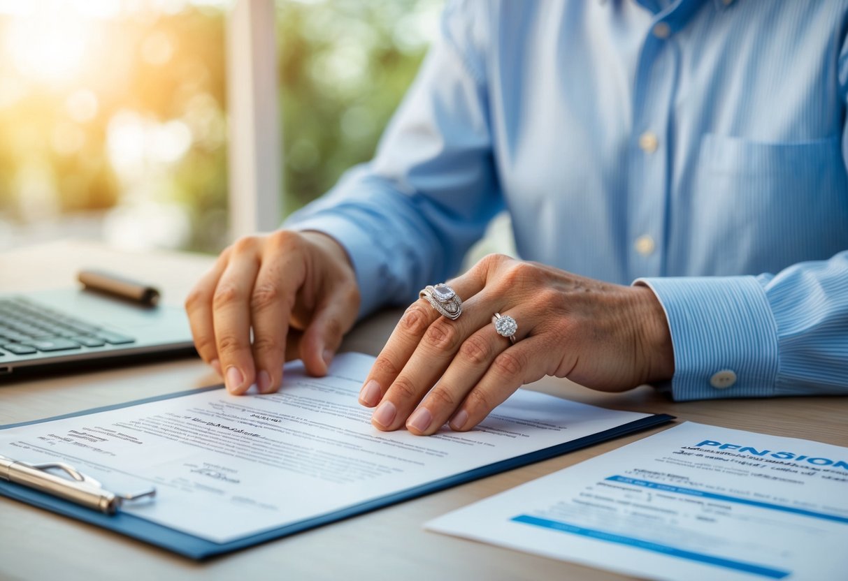 A person receiving survivor benefits ponders over a wedding ring next to pension documents