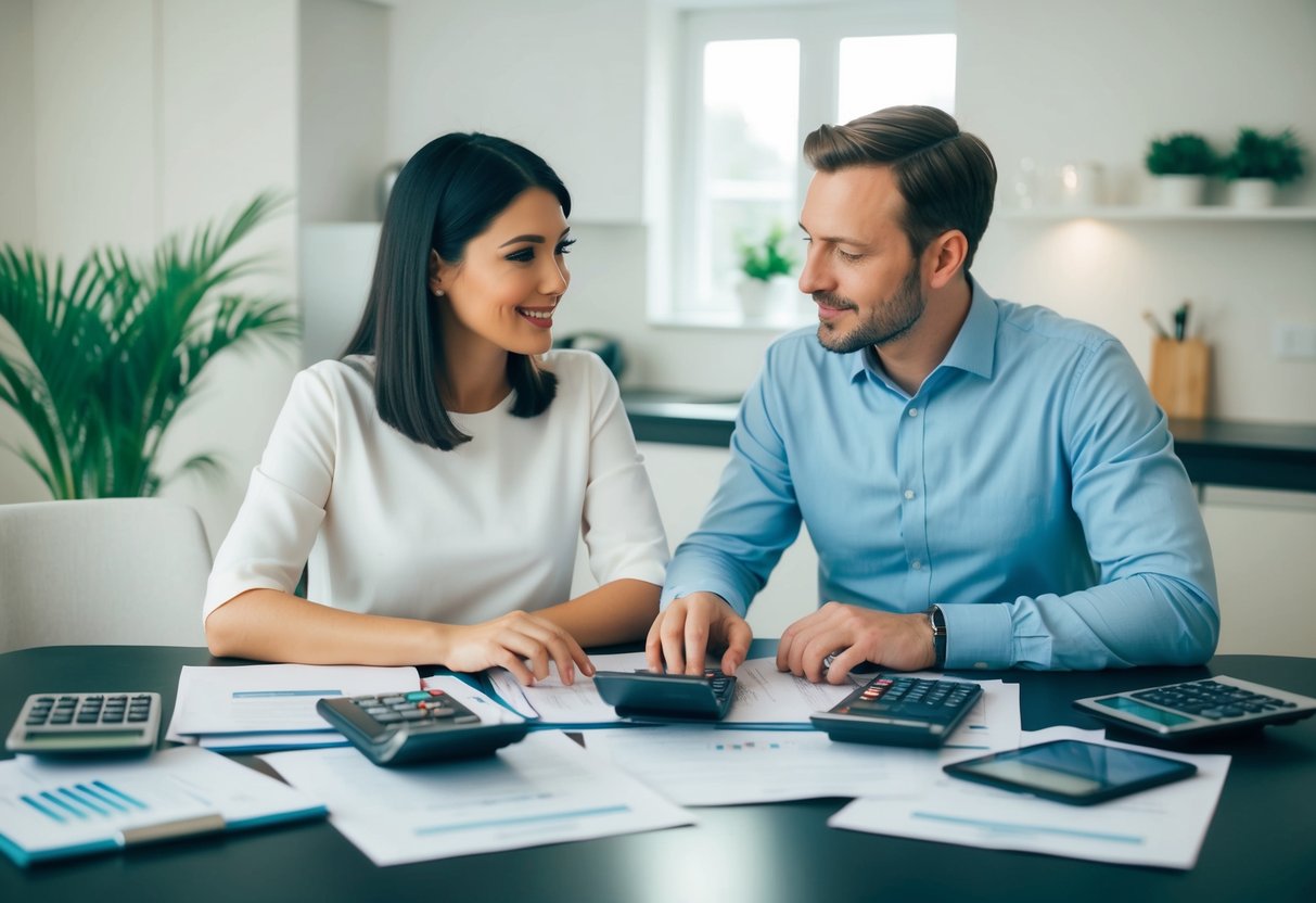 A married couple in the UK sitting at a table, surrounded by financial documents and calculators, discussing their tax-free allowance