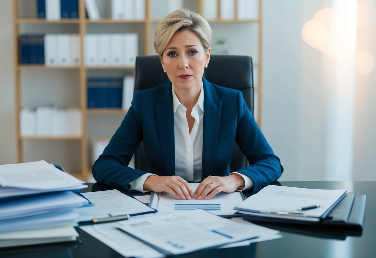 A person sitting at a desk, surrounded by paperwork and legal documents, with a concerned expression on their face. They are reviewing their options for estate planning and financial security