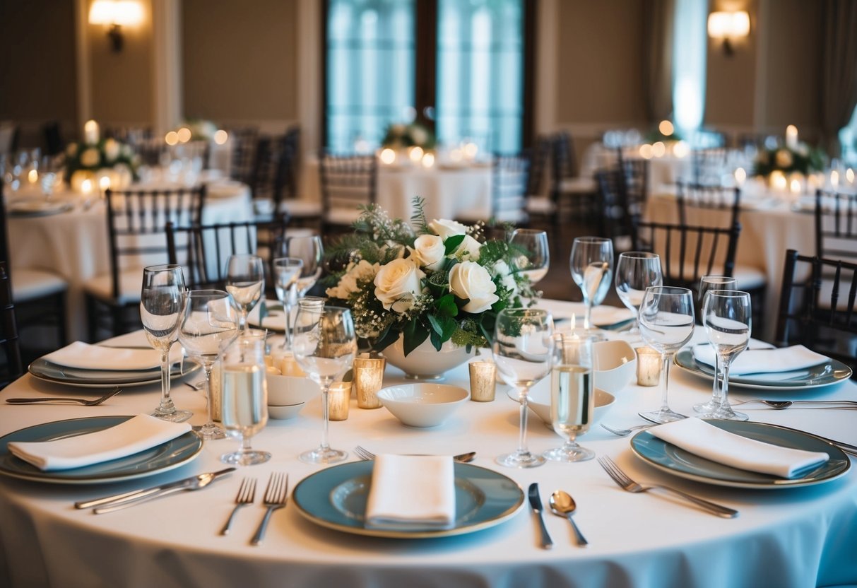 A table set with a variety of elegant dinnerware, including plates, bowls, and glassware, arranged in a formal setting for a wedding reception