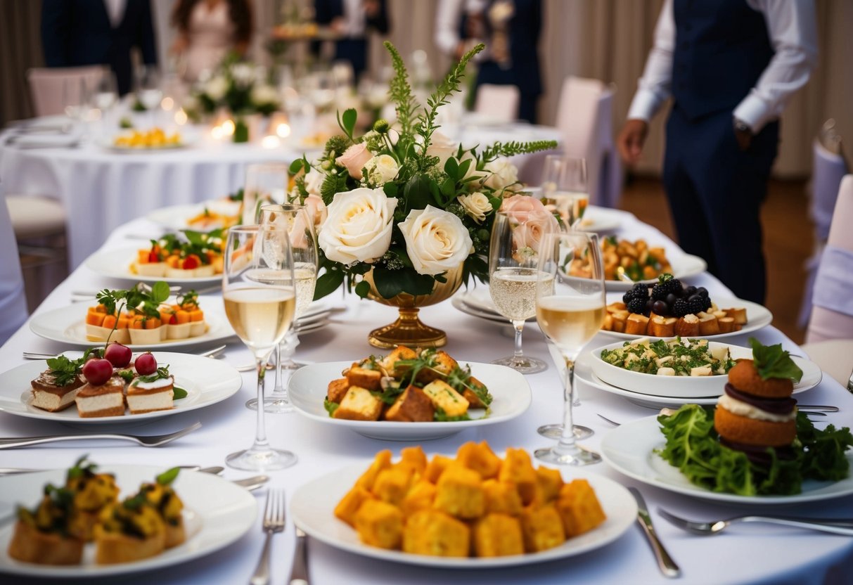 A beautifully set table with an array of elegant dishes, from appetizers to desserts, showcasing the variety of wedding catering styles