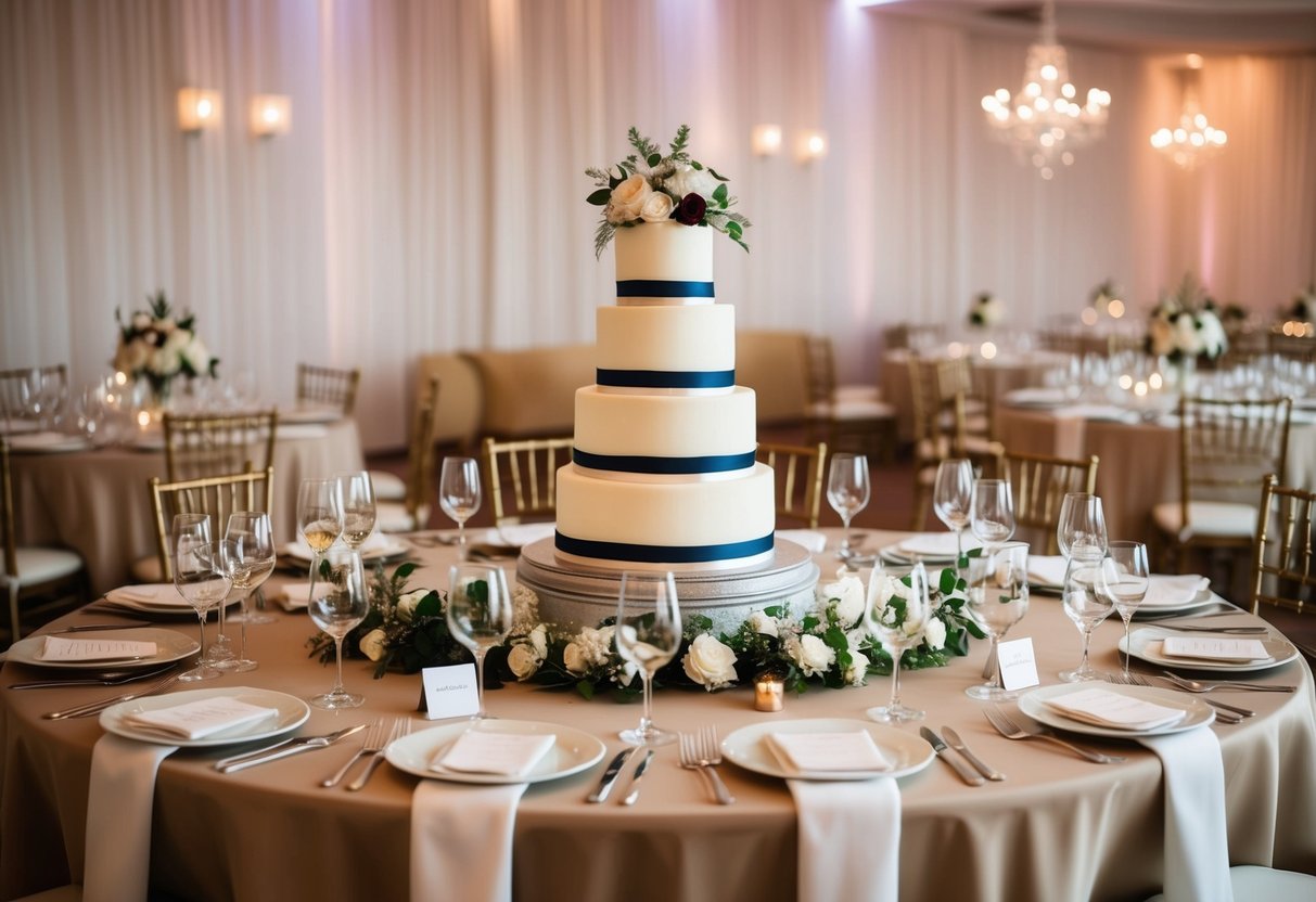 A table set with various elegant desserts and a towering wedding cake as the centerpiece