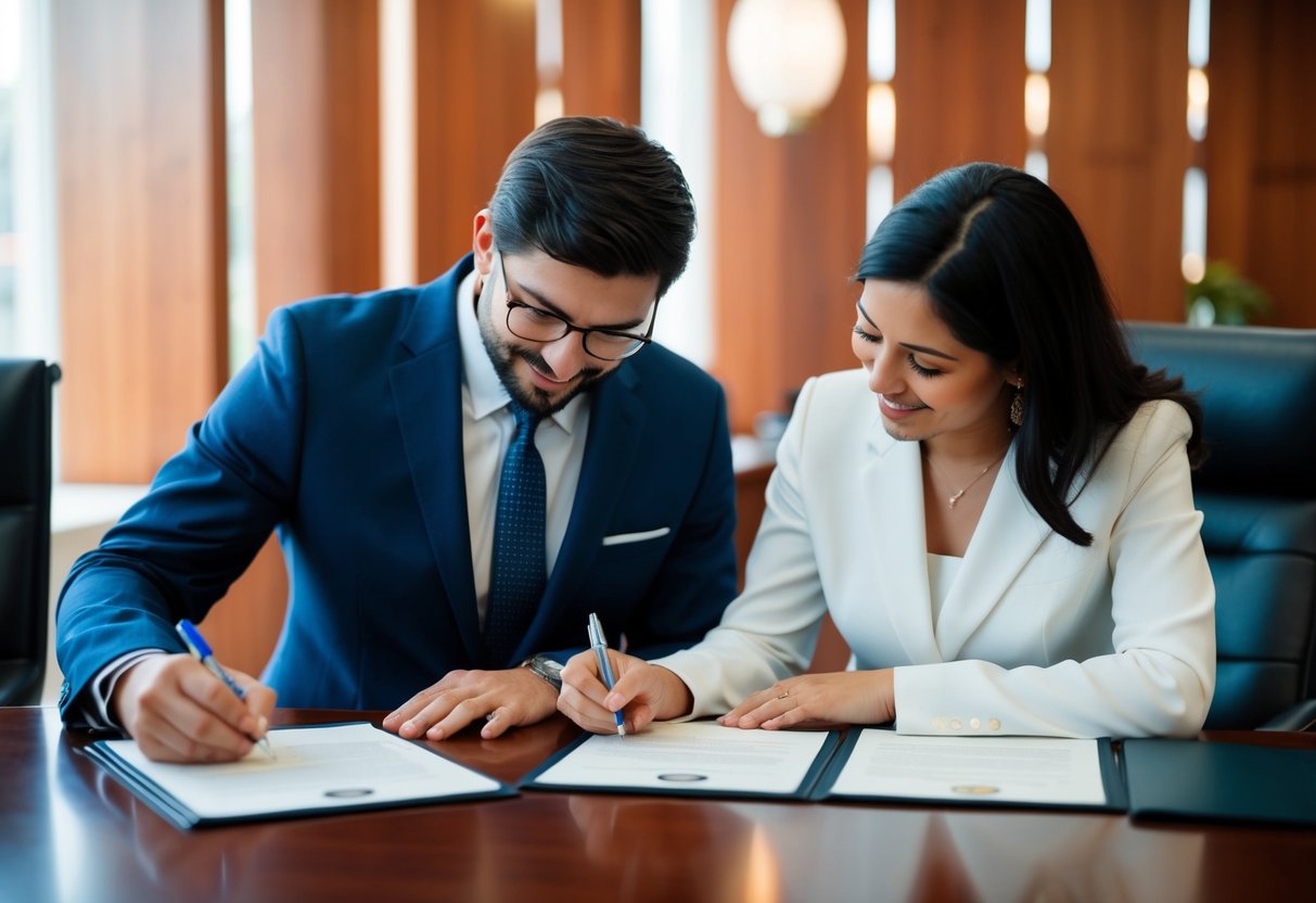 A couple signing documents at a government office